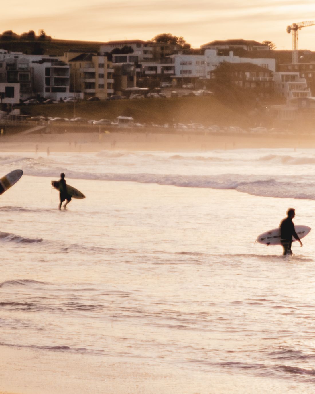 Surfistas entrando al agua al amanecer